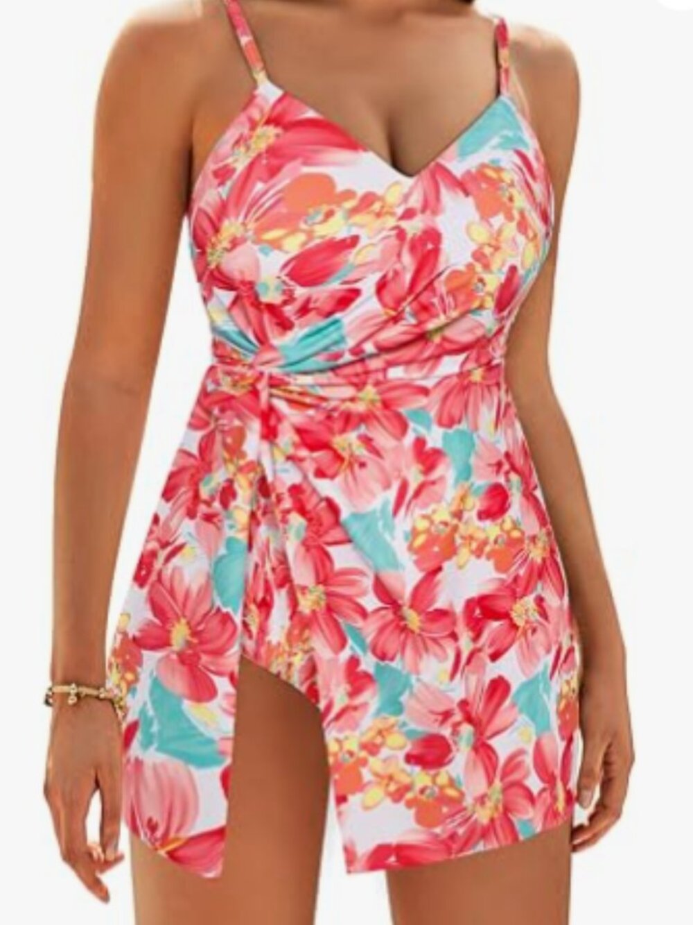 Grace Karin One Piece Swim Dress White & Red Floral - XL